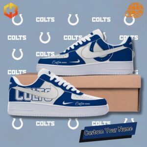 Custom Indianapolis Colts Nike Air Force 1 sneakers with blue, white, and silver design featuring the team logo