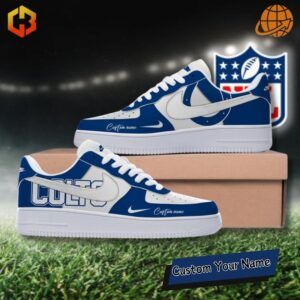 Nike Air Force 1 shoes customized with Indianapolis Colts colors and bold team branding