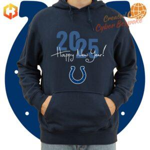 "Front view of Indianapolis Colts Happy New Year 2025 hoodie with logo and celebratory graphics