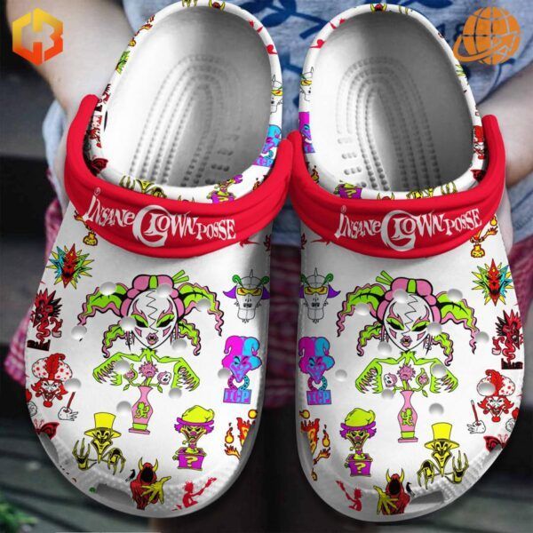 Insane Clown Posse themed Crocs featuring colorful cartoon characters and a red strap with the band's name.