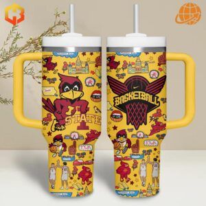 Yellow Iowa State Cyclones Basketball Stanley Tumbler featuring mascot and team symbols.