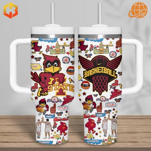 White Iowa State Cyclones Basketball Stanley Tumbler showcasing team mascot and Iowa landmarks.