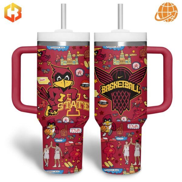 Red Iowa State Cyclones Basketball Stanley Tumbler displaying team spirit with various graphics.