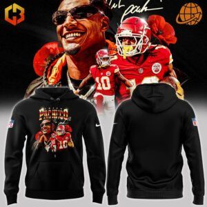 Front and back view of the Isiah Pacheco Kansas City Chiefs Hoodie with a dynamic graphic design featuring Pacheco.