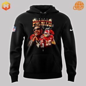 Close-up of the front design of the Isiah Pacheco Kansas City Chiefs Hoodie with detailed graphic print.