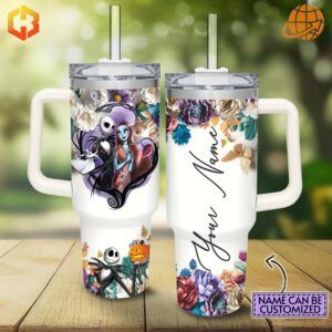 Two Jack Skellington Sally Tumblers 40oz, one featuring character artwork and the other with a customizable name design.