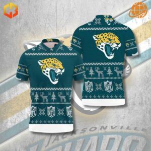 Teal polo with a bold graphic of the Jaguars logo and Christmas elements like snowflakes or Santa hats.