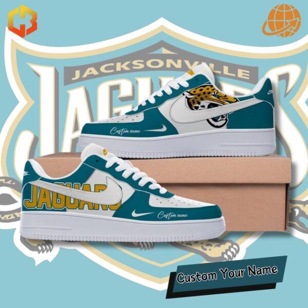 Custom Jacksonville Jaguars Nike Air Force 1 sneakers with teal, black, and gold design featuring the team logo.