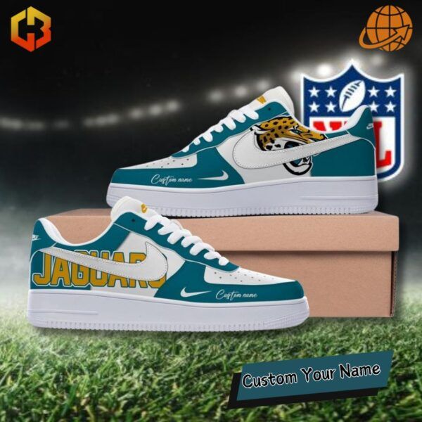 Nike Air Force 1 shoes customized with Jacksonville Jaguars colors and sleek detailing