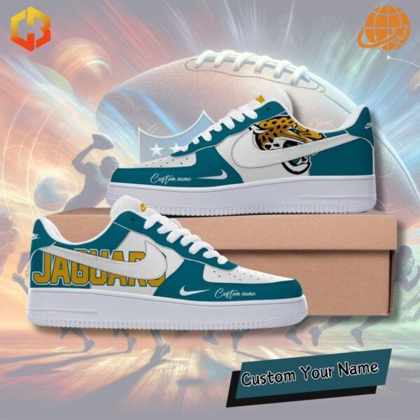 A pair of custom Jacksonville Jaguars-themed Air Force 1 sneakers with vibrant teal and gold accents.