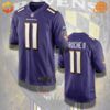 Purple James Proche II Baltimore Ravens football jersey with player number 11 on the front and back