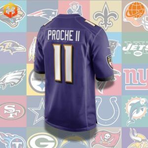 James Proche II football jersey in Baltimore Ravens colors, showcasing the player’s number 11