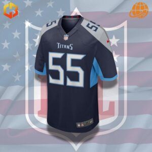 Jayon Brown Tennessee Titans jersey in bold navy, white, and Titan blue colors, designed for fans.