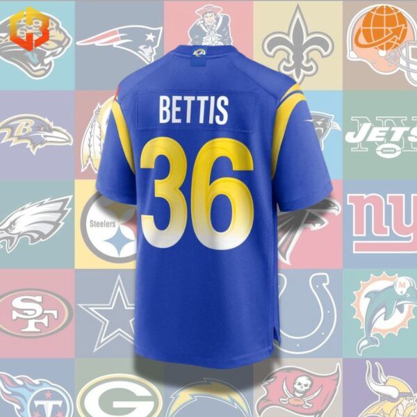 Jerome Bettis football jersey in Los Angeles Rams colors, showcasing his name and number 36