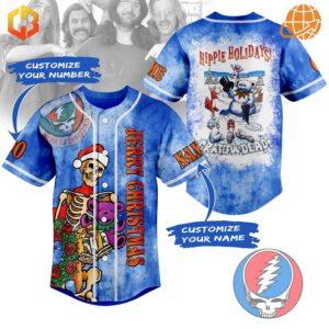 A blue jersey featuring a festive 'Jerry Christmas' design inspired by the Grateful Dead, including holiday-themed graphics and a retro aesthetic