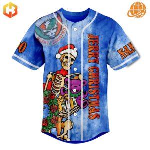 Holiday-themed Grateful Dead baseball jersey with green and white design, featuring Jerry Garcia-inspired Christmas motifs.