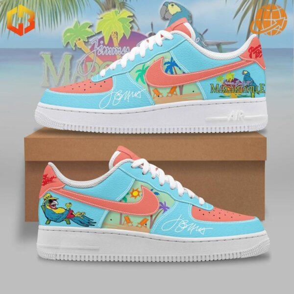 Side view of Jimmy Buffett Margaritaville Nike Air Force Shoes with colorful tropical designs.