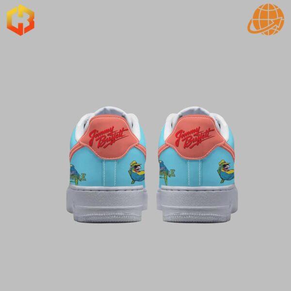 Back view of Jimmy Buffett Margaritaville Nike Air Force Shoes featuring the logo and graphics.