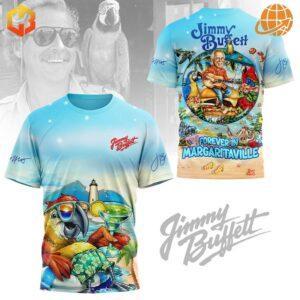 Jimmy Buffett Margaritaville Shirts with tropical front and back designs featuring parrots, cocktails, and island scenes.