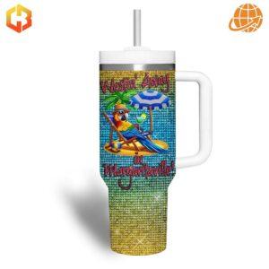 Back view of the Jimmy Buffett This One's For You Stanley Tumbler with tropical design.