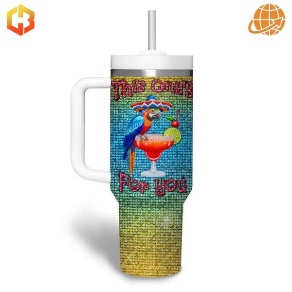 Front view of the Jimmy Buffett This One's For You Stanley Tumbler with vibrant graphics.