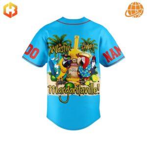 Back of Jimmy Buffett Margaritaville jersey with tropical parrot scene