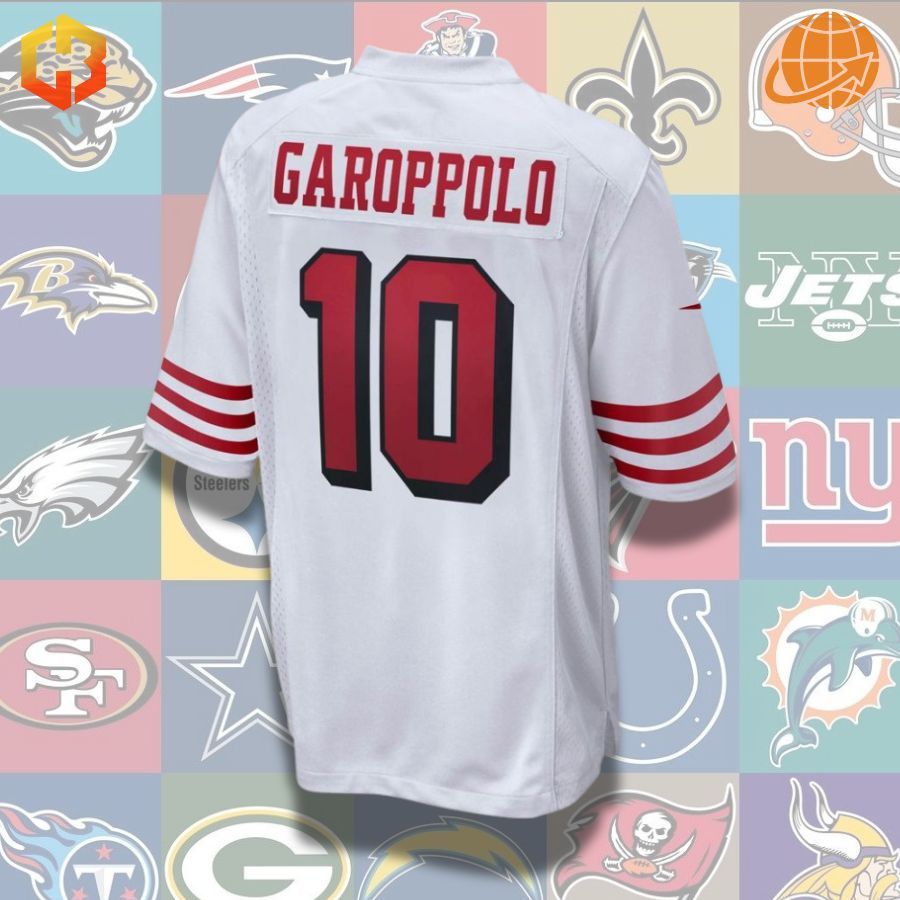 Jimmy Garoppolo football jersey in San Francisco 49ers colors, showcasing his name and number 10