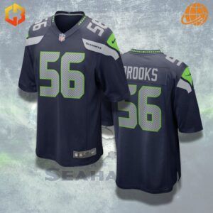 Navy blue Jordyn Brooks Seattle Seahawks football jersey with player number 56 on the front and back