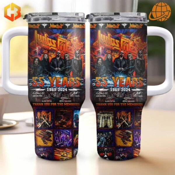 Judas Priest 55 Years Anniversary Stanley Tumblers with colorful band logo and album cover designs.