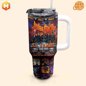 Judas Priest 55 Years Anniversary Stanley Tumbler with colorful band logo, member images, and album cover collage design.