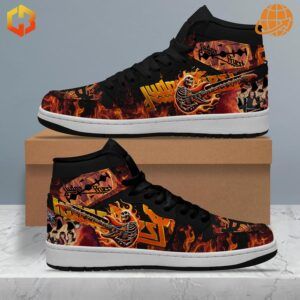 Judas Priest Air Jordan 1 Shoes with a bold and fiery all-over print design.