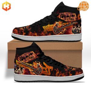 lose-up of Judas Priest Air Jordan 1 Shoes with intricate details and premium materials