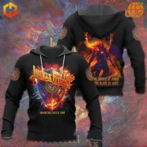 Judas Priest Invincible Shield Tour 2024 Hoodie with colorful front and back designs on a black background