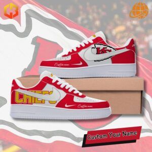 Kansas City Chiefs Custom Nike Air Force 1 Sneakers with bold red and gold design, perfect for Chiefs fans