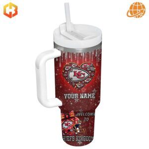 Kansas City Chiefs Go Chiefs Kingdom Christmas Tumbler with Chiefs helmet and "Welcome to Chiefs Kingdom" text.