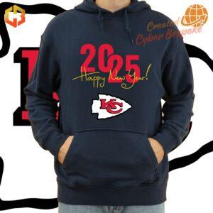 Hoodie with the Kansas City Chiefs logo and '2025 Happy New Year!' design.