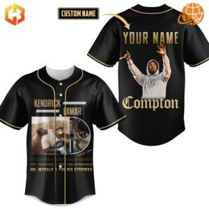 Front view of the Kendrick Lamar Compton Baseball Jersey featuring Kendrick's name, image, CD graphic, and album title.