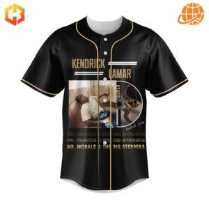 Close-up front design of the Kendrick Lamar Compton Baseball Jersey with Kendrick's image, CD graphic, and album title.