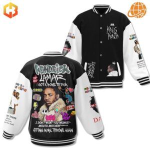 Experience the bold design of the Kendrick Lamar King Kunta Baseball Jacket with detailed front and back graphics.