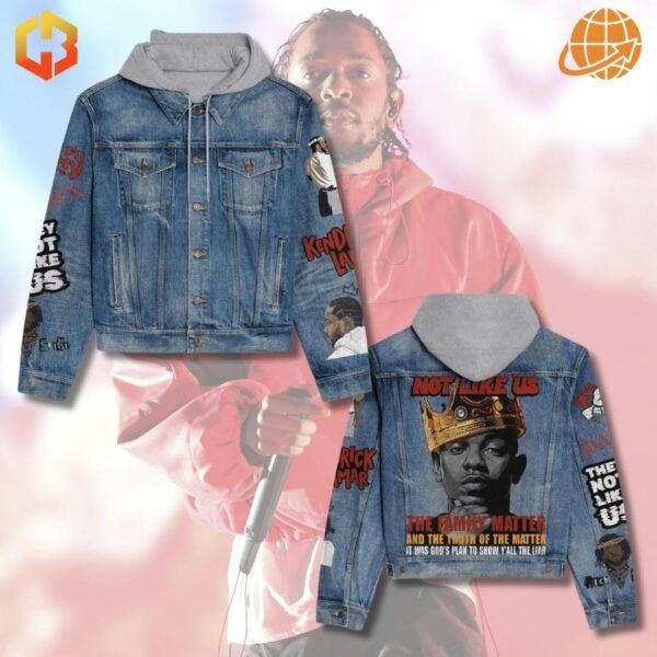 Kendrick Lamar themed denim jacket with custom artwork displayed alongside artist portrait.