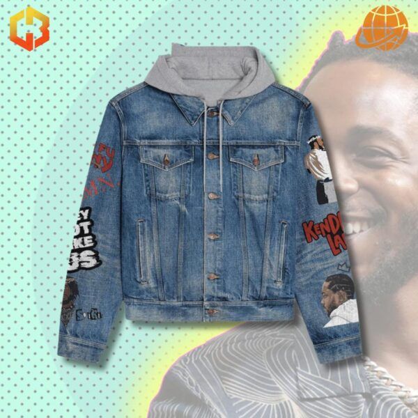 Front view of Kendrick Lamar themed denim jacket showing detailed sleeve artwork.