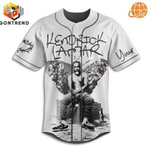 Detailed front view of the Kendrick Lamar Tour 2025 Baseball Jersey with graffiti-style name and photographic collage.