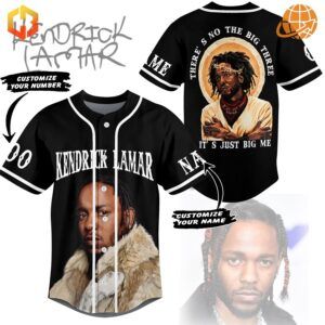 Front and back view of Kendrick Lamar custom baseball jersey with portrait and religious-inspired artwork.