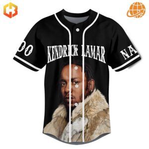 Front of Kendrick Lamar baseball jersey with large text and portrait, showcasing customizable number feature.