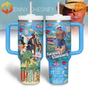 Kenny Chesney 40oz Tumbler featuring a blue background with tropical motifs and song references.