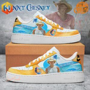 Kenny Chesney themed Air Force 1 shoes with beach and tropical motifs.