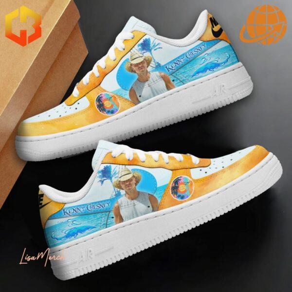 Detailed view of Kenny Chesney themed Air Force 1 sneakers with colorful beach motifs.