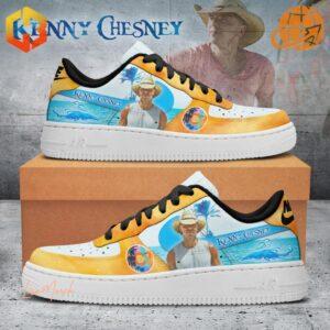 Two color variants of Kenny Chesney Air Force 1 shoes next to their boxes.