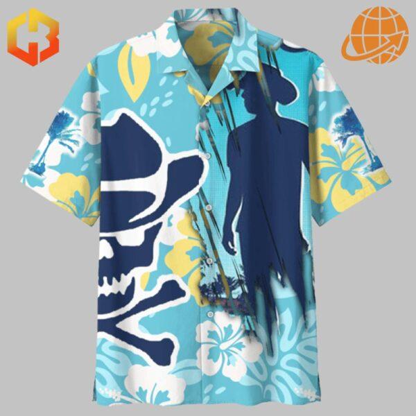 Close-up of the front design of Kenny Chesney Hawaiian Shirt featuring tropical elements.