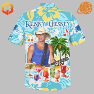 Back design of Kenny Chesney Hawaiian Shirt with cocktails and palm trees.